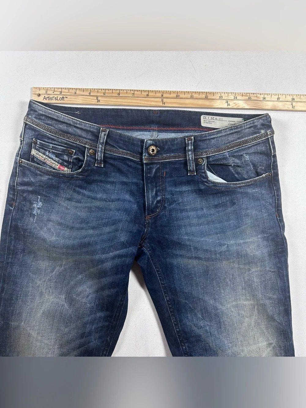 Diesel Jeans Mens Fits: 32x28 Blue Lowkey Regular Sim Straight Marbling Distress